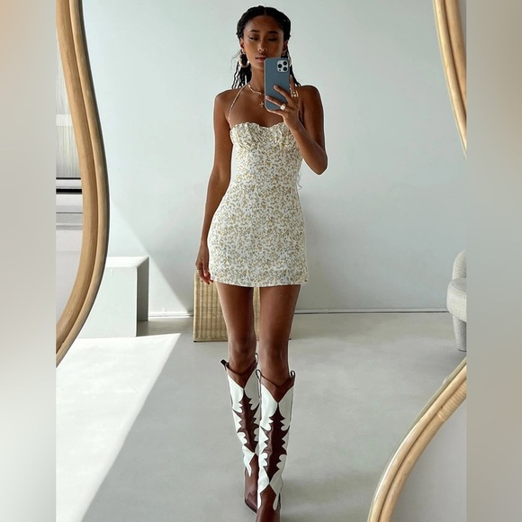 NWT PRINCESS POLLY Acer Yellow Foral Halter Mini Dress 2 - Picture 1 of 14